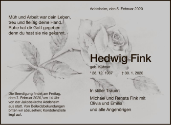 Traueranzeige von Hedwig Fink von Fränkische Nachrichten