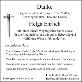 Traueranzeige von Helga Ehrlich von Fränkische Nachrichten