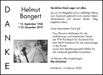 Traueranzeige von Helmut Bangert von Bergsträßer Anzeiger