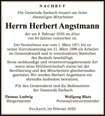 Traueranzeige von Herbert Angstmann von Fränkische Nachrichten