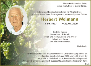 Traueranzeige von Herbert Weimann von Fränkische Nachrichten