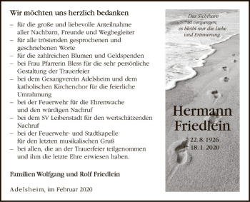 Traueranzeige von Hermann Friedlein von Fränkische Nachrichten