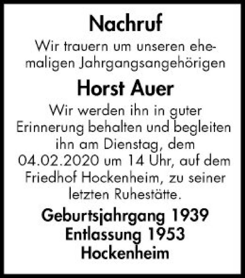  Traueranzeige für Horst Auer vom 03.02.2020 aus Schwetzinger Zeitung