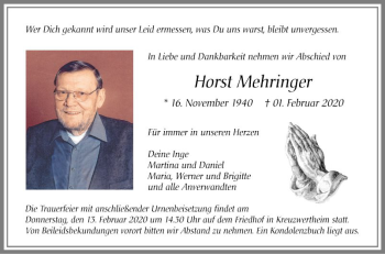 Traueranzeige von Horst Mehringer von Fränkische Nachrichten