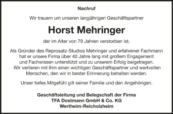 Traueranzeige von Horst Mehringer von Fränkische Nachrichten