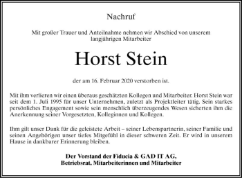 Traueranzeige von Horst Stein von Schwetzinger Zeitung