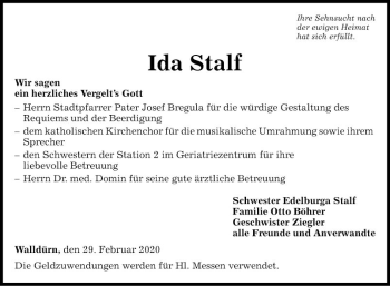 Traueranzeige von Ida Stalf von Fränkische Nachrichten