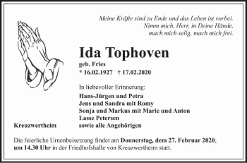 Traueranzeige von Ida Tophoven von Fränkische Nachrichten