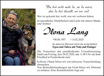 Traueranzeige von Ilona Lang von Mannheimer Morgen