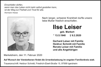 Traueranzeige von Ilse Leiser von Fränkische Nachrichten