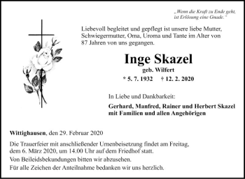 Traueranzeige von Inge Skazel von Fränkische Nachrichten