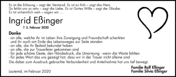 Traueranzeige von Ingrid Eßinger von Bergsträßer Anzeiger