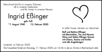 Traueranzeige von Ingrid Eßinger von Bergsträßer Anzeiger