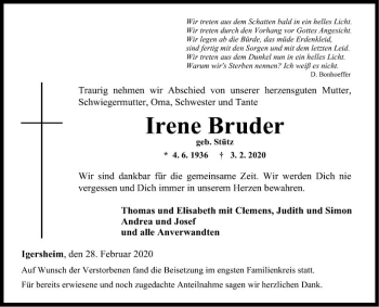 Traueranzeige von Irene Bruder von Fränkische Nachrichten