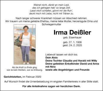 Traueranzeige von Irma Deißler von Fränkische Nachrichten