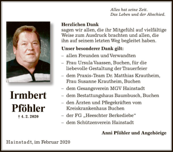 Traueranzeige von Irmbert Pföhler von Fränkische Nachrichten