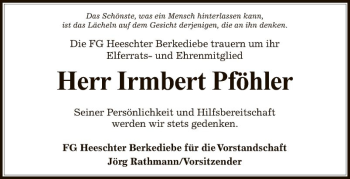 Traueranzeige von Irmbert Pföhler von Fränkische Nachrichten