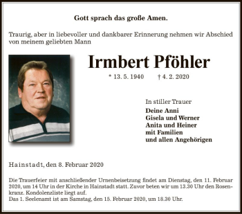 Traueranzeige von Irmbert Pföhler von Fränkische Nachrichten