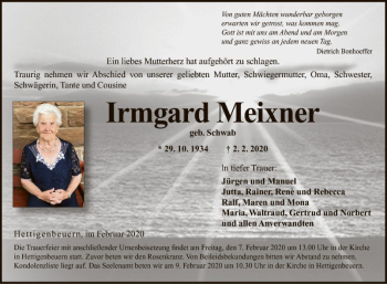 Traueranzeige von Irmgard Meixner von Fränkische Nachrichten