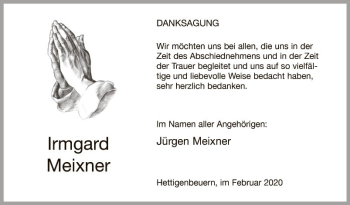 Traueranzeige von Irmgard Meixner von Fränkische Nachrichten