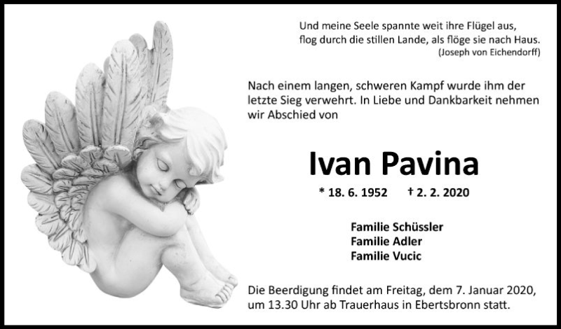  Traueranzeige für Ivan Pavina vom 05.02.2020 aus Fränkische Nachrichten