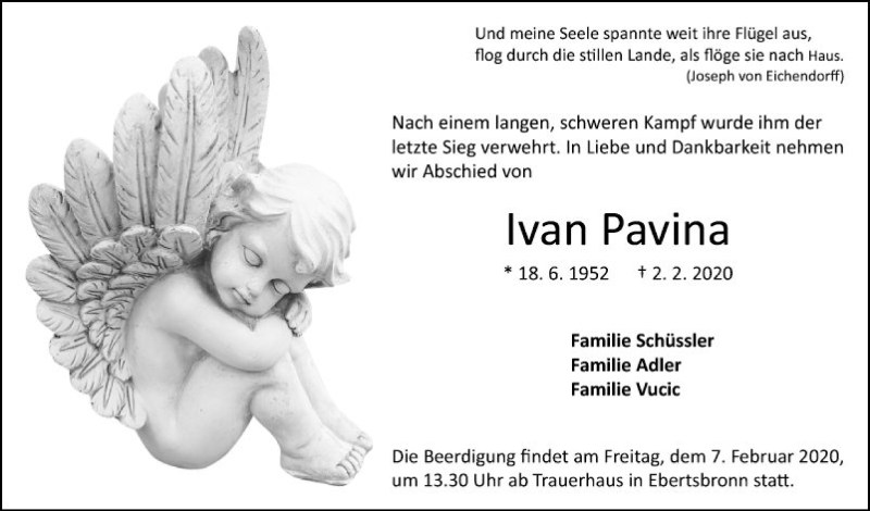  Traueranzeige für Ivan Pavina vom 06.02.2020 aus Fränkische Nachrichten