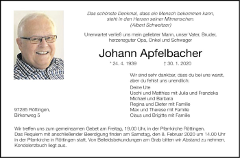 Traueranzeige von Johann Apfelbacher von Fränkische Nachrichten