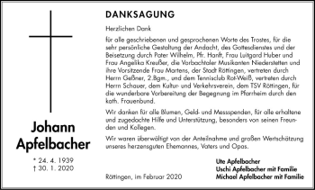 Traueranzeige von Johann Apfelbacher von Fränkische Nachrichten