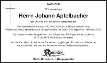 Traueranzeige von Johann Apfelbacher von Fränkische Nachrichten