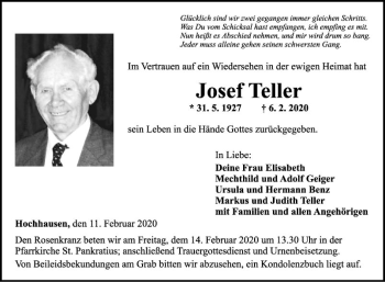 Traueranzeige von Josef Teller von Fränkische Nachrichten