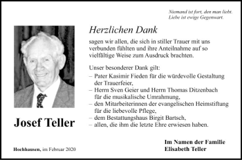 Traueranzeige von Josef Teller von Fränkische Nachrichten