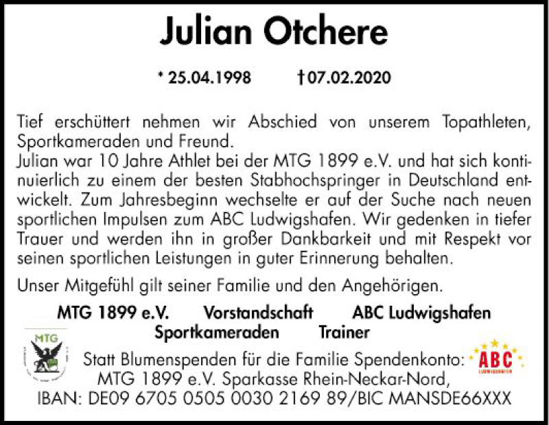  Traueranzeige für Julian Otchere vom 15.02.2020 aus Schwetzinger Zeitung