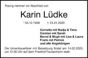 Traueranzeige von Karin Lüdke von Mannheimer Morgen