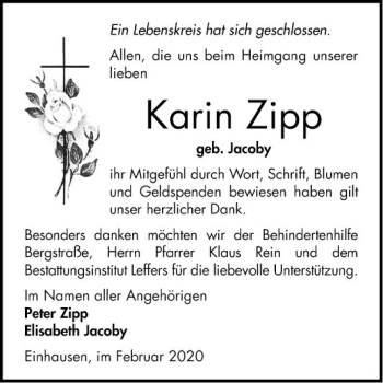 Traueranzeige von Karin Zipp von Bergsträßer Anzeiger