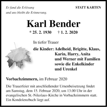 Traueranzeige von Karl Bender von Fränkische Nachrichten