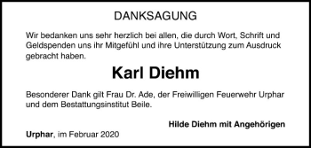 Traueranzeige von Karl Diehm von Fränkische Nachrichten