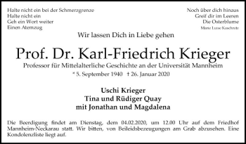 Traueranzeige von Karl-Friedrich Krieger von Mannheimer Morgen
