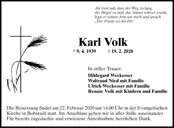 Traueranzeige von Karl Volk von Fränkische Nachrichten