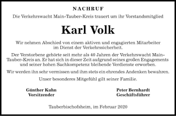 Traueranzeige von Karl Volk von Fränkische Nachrichten