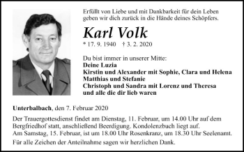 Traueranzeige von Karl Volk von Fränkische Nachrichten