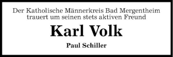 Traueranzeige von Karl Volk von Fränkische Nachrichten