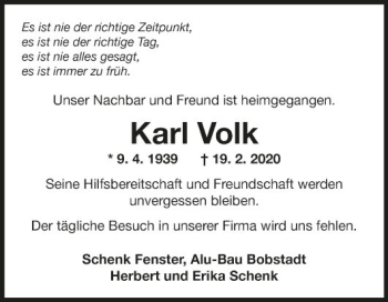 Traueranzeige von Karl Volk von Fränkische Nachrichten