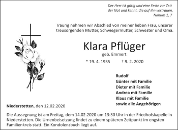 Traueranzeige von Klara Pflüger von Fränkische Nachrichten