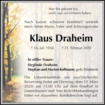 Traueranzeige von Klaus Draheim von Mannheimer Morgen