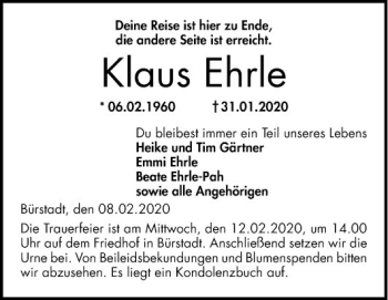 Traueranzeige von Klaus Ehrle von Mannheimer Morgen