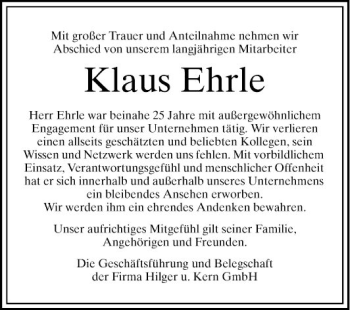 Traueranzeige von Klaus Ehrle von Mannheimer Morgen