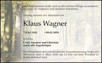 Traueranzeige von Klaus Wagner von Mannheimer Morgen