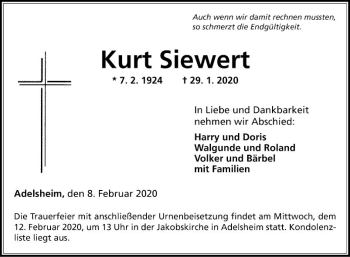 Traueranzeige von Kurt Siewert von Fränkische Nachrichten