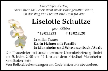 Traueranzeige von Liselotte Schultze von Mannheimer Morgen