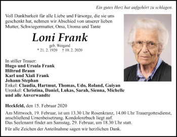 Traueranzeige von Loni Frank von Fränkische Nachrichten